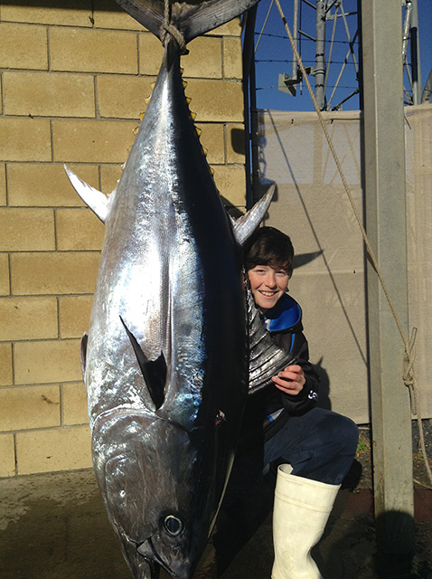 ANGLER: Sam Nichols SPECIES: Southern Bluefin Tuna WEIGHT: 85 kgs LURE: JB Lures, Micro Dingo